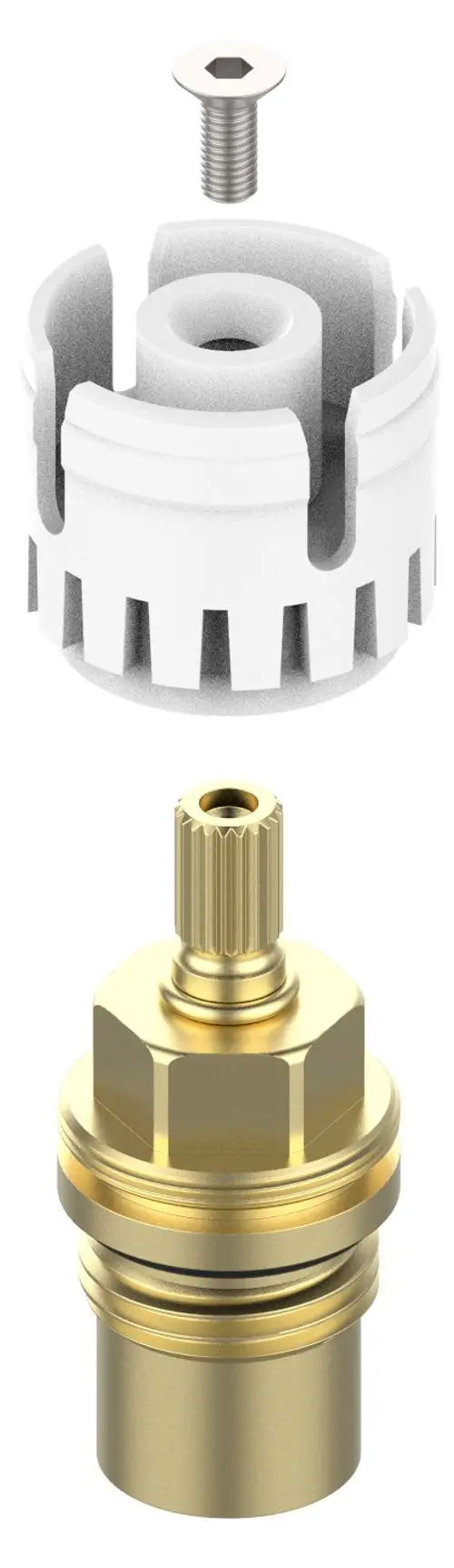 Bauteile von Keuco für Armaturen, einschließlich einer weißen Aufnahme und einem goldenen Funktionsblock. Der obere Teil ist mit einer sechskantigen Schraube befestigt.