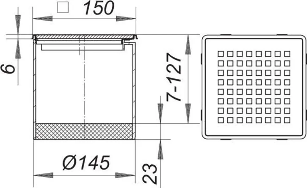 Dallmer-Produkt mit quadratischem Design, dargestellt in Seiten- und Draufsicht, inklusive Maßangaben und einem Gittermuster auf der Oberseite.