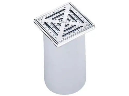 Dallmer Abflussrosettenaufsatz mit quadratischem Gitter, Edelstahl-Oberfläche, auf einem zylindrischen Gehäuse, zur Nutzung in Abflussanlagen.