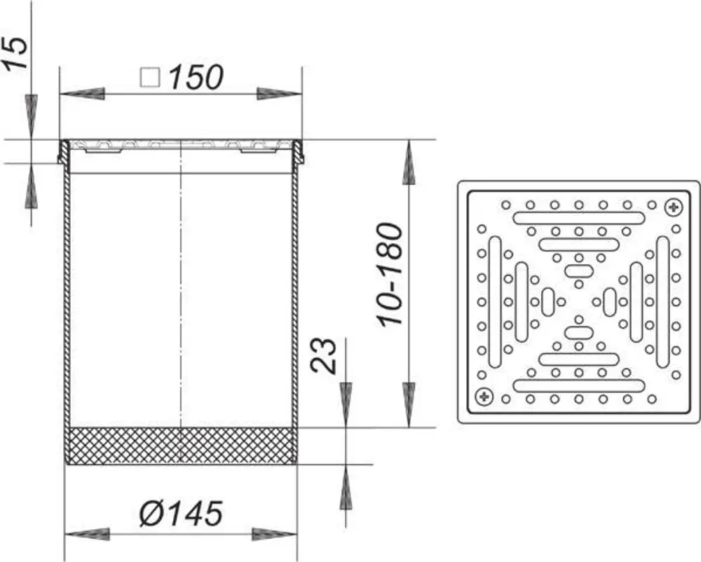 Dallmer-Rost für Abflüsse, quadratisch mit rutschfester Oberfläche. Sichtbare Maße und Details im technischen Zeichnungsstil.