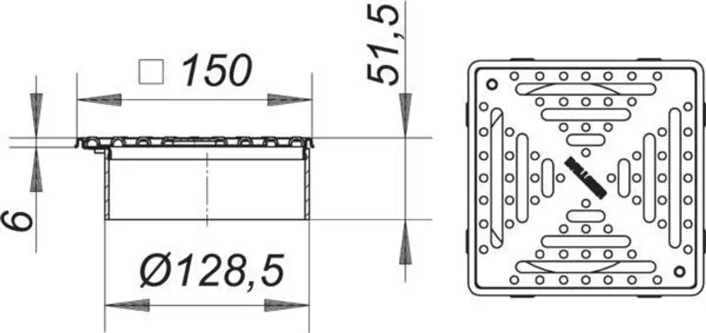 Dallmer Aufsatz mit quadratischer Form, Lochmuster und einer Höhe von 6 mm. Die Abmessungen sind im Bild als Maße angegeben.