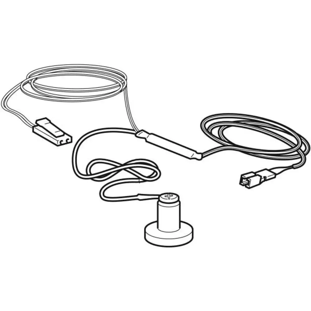 Lichtschalter mit Kabel und Verbindungsstecker, zur Verwendung in einem Acanto Spiegelschrank von Geberit, dargestellt mit Anschluss- und Schalterelement.