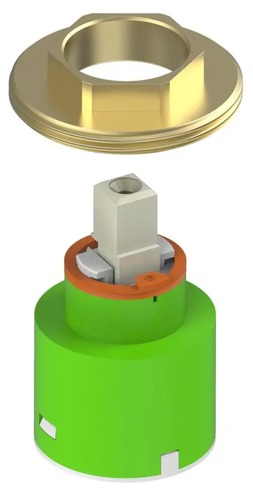 Ersatzteil von Keuco, bestehend aus zwei separaten Komponenten: einer bunten Kartusche und einer goldfarbenen Abdeckung. Ideal zur Nutzung in Mischbatterien.