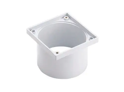 Weißer Kunststoff-Aufsatzrahmen mit quadratischer Grundfläche und runder Öffnung. Befestigungslöcher sind sichtbar. Design soll für Dallmer Produkte geeignet sein.