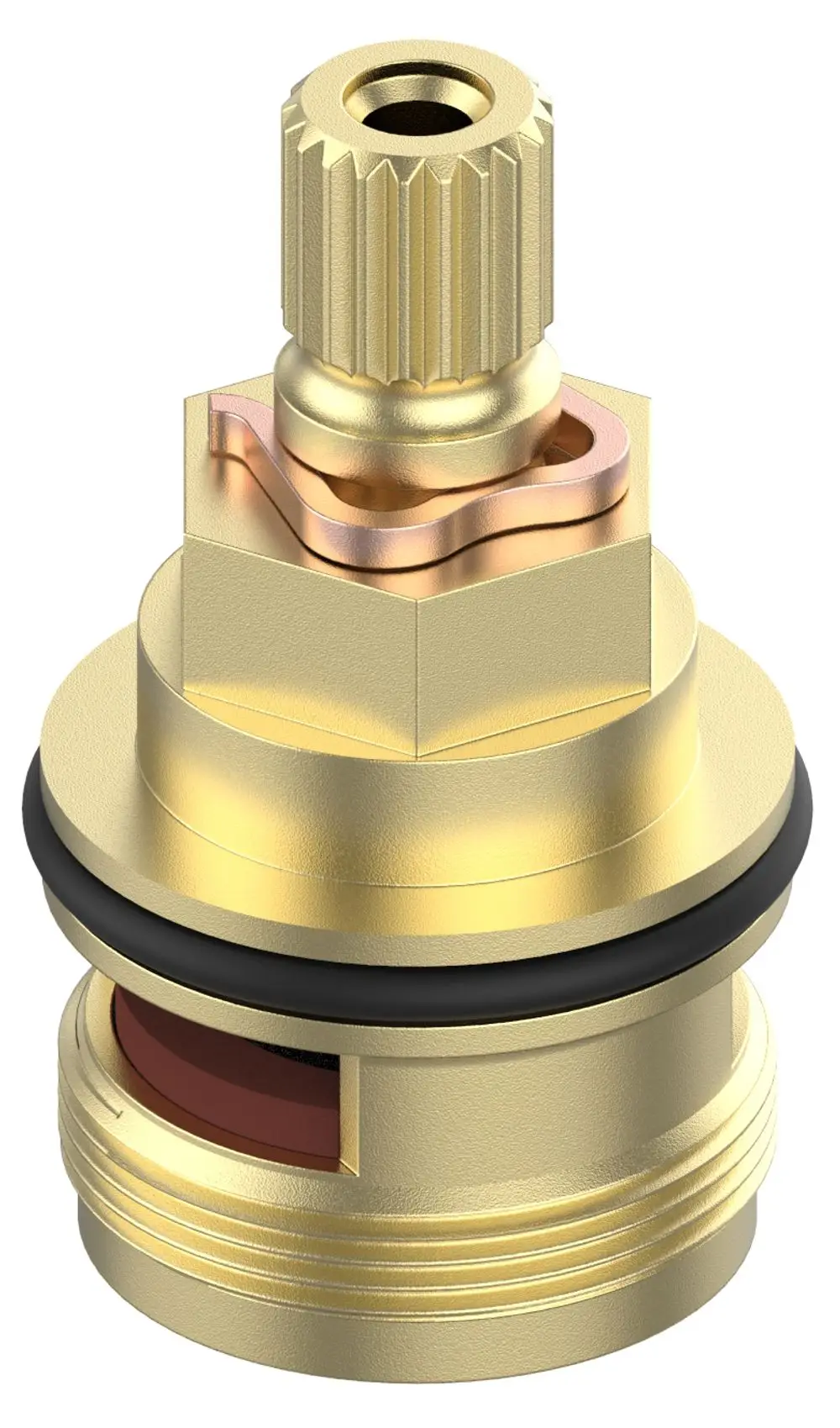 Ersatzteil von Keuco, Armaturen-Oberteil in Goldfarbe mit Gewinde, geeignet für verschiedene Modelle. Sichtbare Dichtungen und eine obere Drehvorrichtung sind vorhanden.