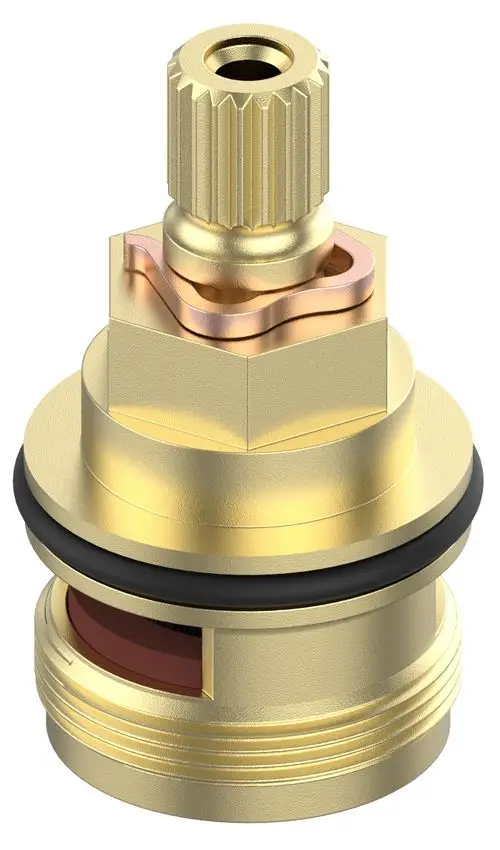 Ersatzteil von Keuco, Armaturen-Oberteil in Goldfarbe mit Gewinde, geeignet für verschiedene Modelle. Sichtbare Dichtungen und eine obere Drehvorrichtung sind vorhanden.