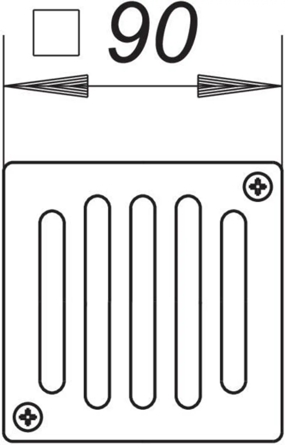 Dallmer Rost mit rillenförmiger Struktur. Das Design zeigt zwei Pfeile, die auf eine Richtung hinweisen. Befestigungselemente sind an den Ecken abgebildet.
