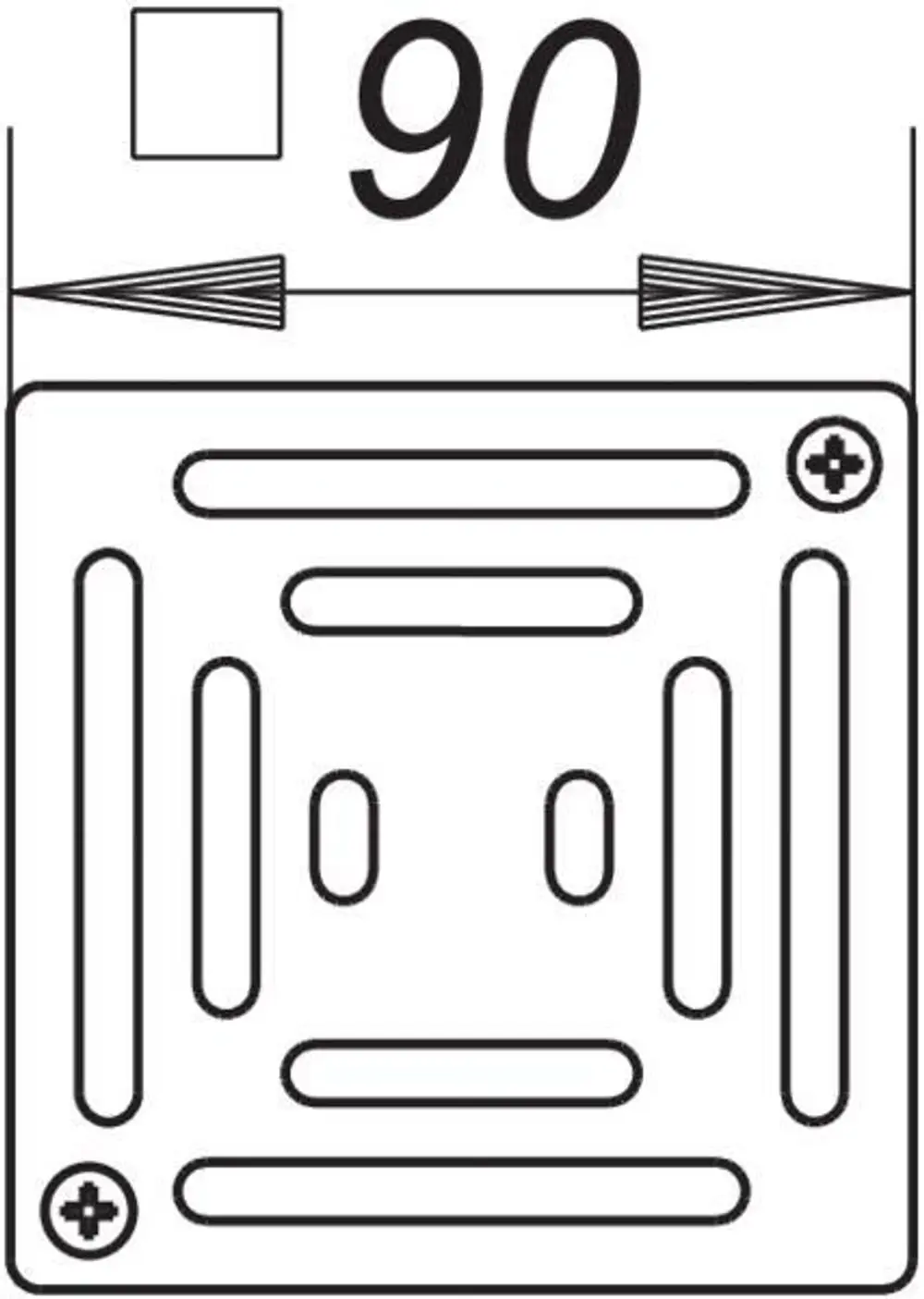 Dallmer-Rost mit quadratischem Design, gezeigt in einfacher Linienzeichnung. Enthält Kanalöffnungen und Schraublöcher zur Befestigung. Ideal für entwässernde Anwendungen.