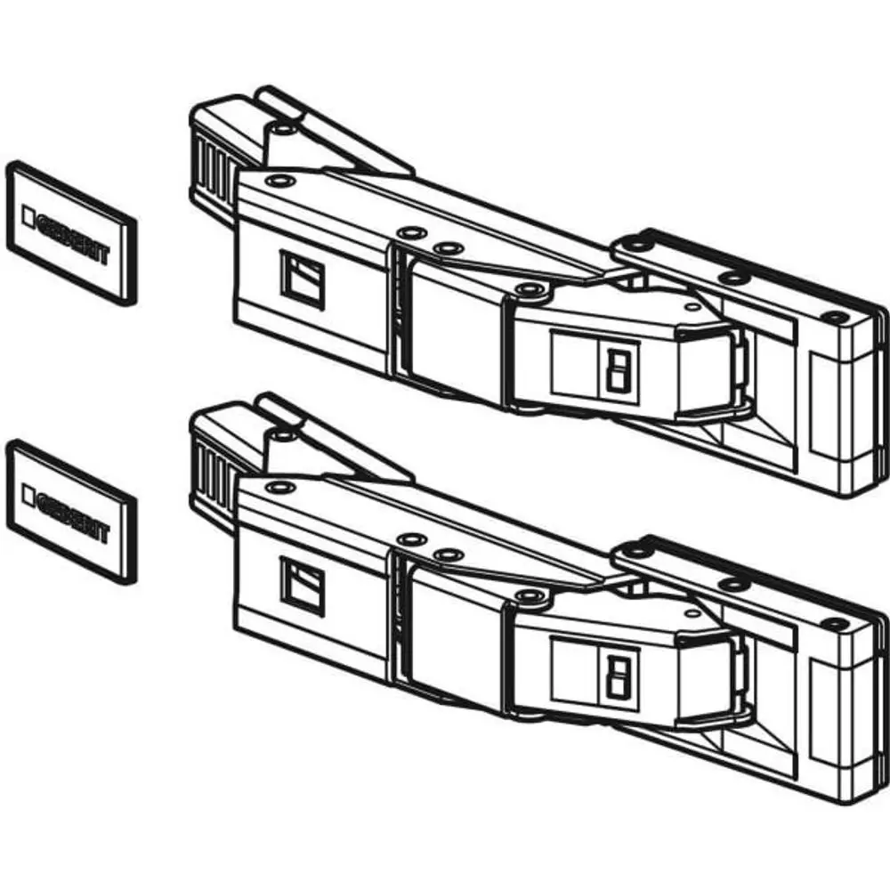 Türscharnier-Set für Spiegelschränke, dargestellt in technischer Zeichnung, das für Geberit Produkte geeignet ist. Enthält zwei Scharniere mit integrativen Elementen.