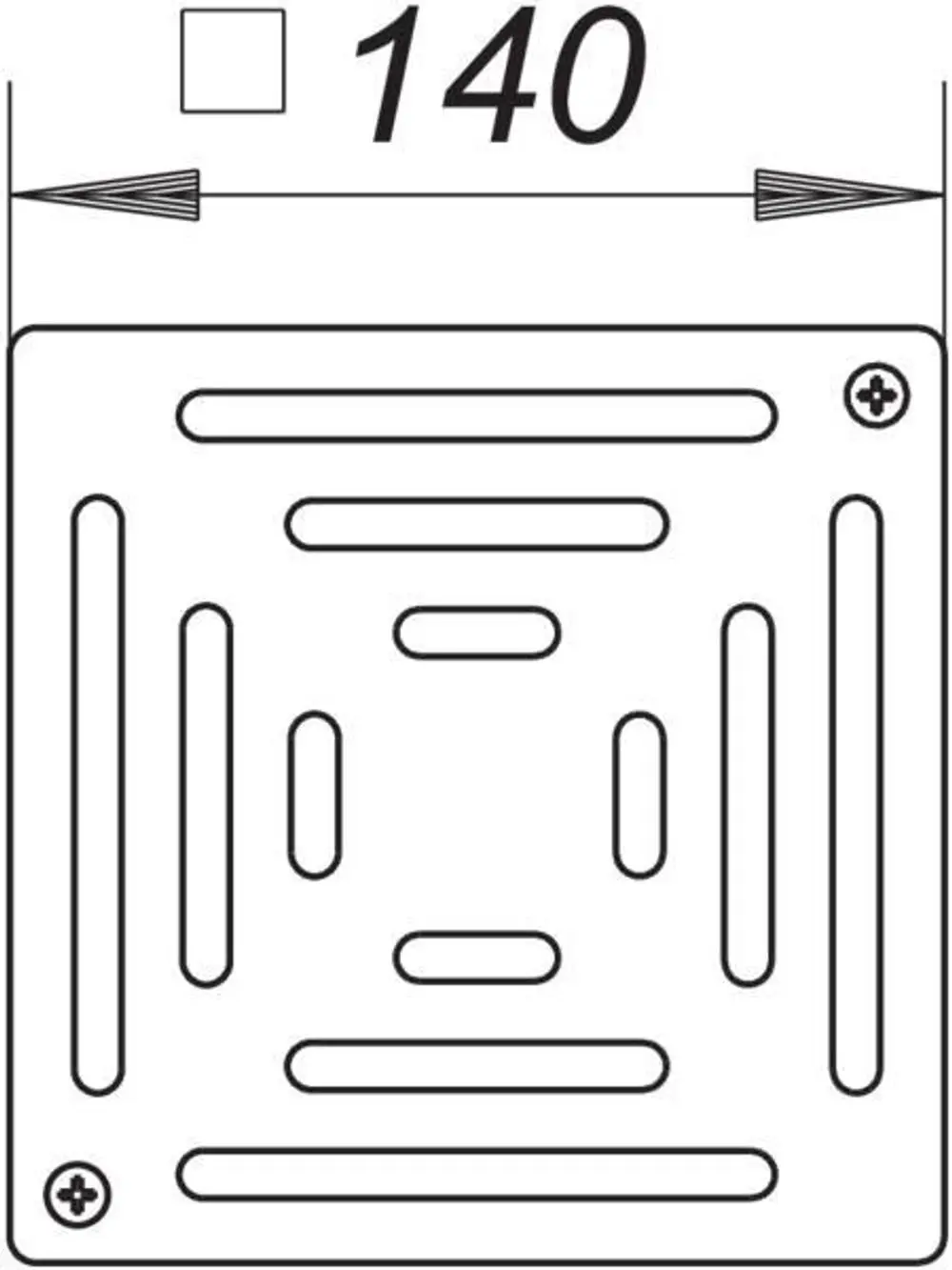 Dallmer Rost mit quadratischer Form, dargestellt in einem technischen Diagramm mit Linien, die die Struktur und Befestigungspunkte zeigen.