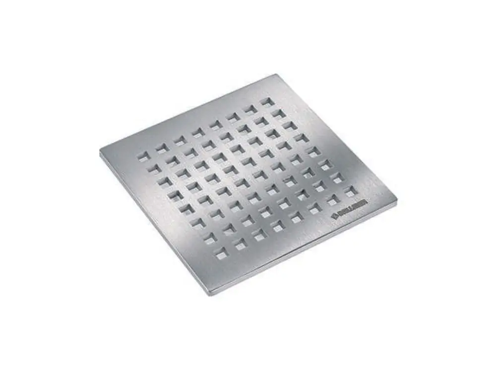 Edelstahlerne-Rost von Dallmer mit quadratischem Design, ausgestattet mit rechteckigen Öffnungen zur Wasserableitung, in einem klaren und funktionalen Stil.