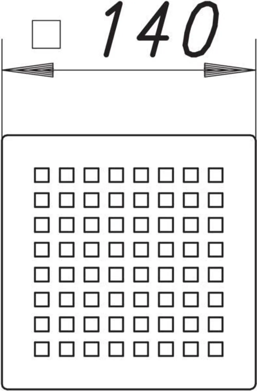 Dallmer Rost mit quadratischer Bauform. Oben und seitlich sind Pfeile zu sehen. Darunter ein Feld mit kleinen quadratischen Mustern.