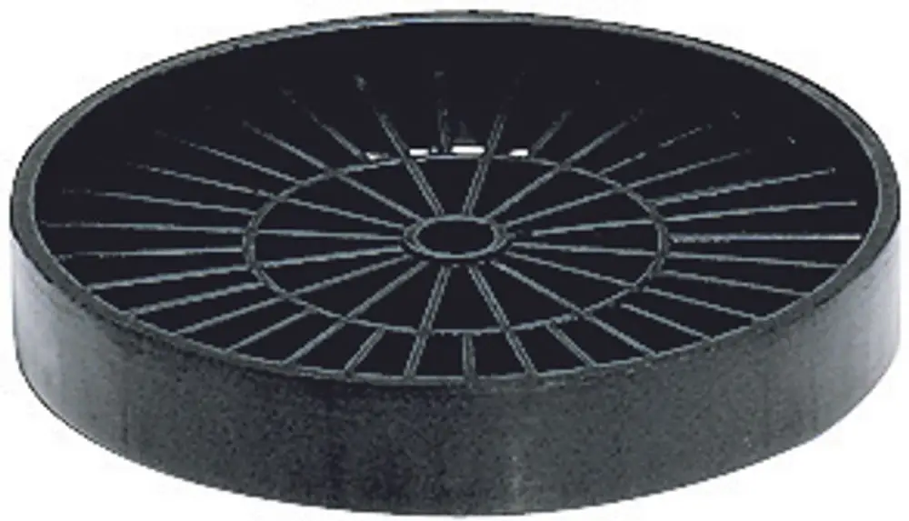 Schwarzes Flachrost von Dallmer mit radialen Stegen und mittigem Loch, geeignet für Abläufe oder Entwässerungssysteme.