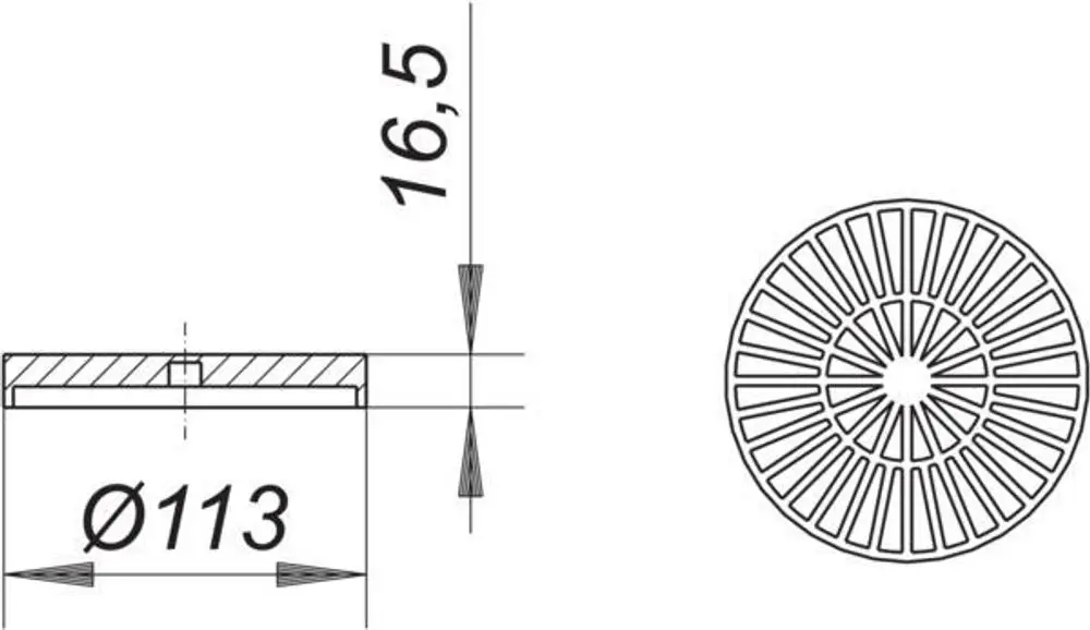 Dallmer Flachrost mit kreisförmigem Design und Längsrillen. Durchmesser und Höhe durch technische Zeichnung angegeben. Technische Details sind erkennbar.