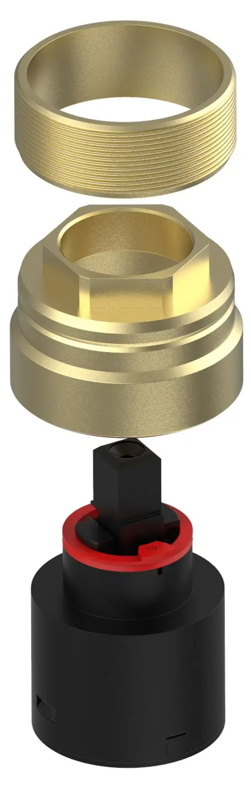 Schwarze Mischwasserkartusche mit rot umrandetem Element und goldfarbenen Anschlüssen für Keuco-Armaturen, bestehend aus mehreren separaten Teilen.