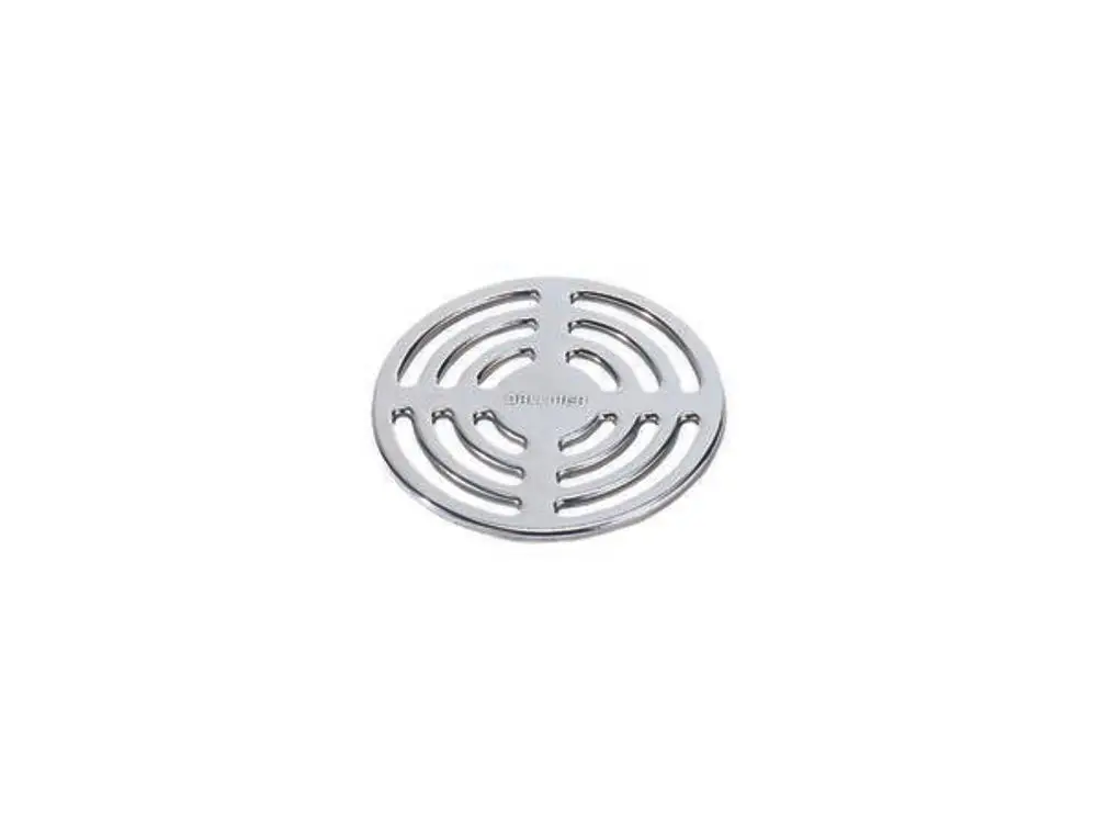Runde Edelstahl-Abdeckung mit durchbrochendem Design, passend für Abläufe. Dallmer-Logo ist auf der Oberfläche eingeprägt.