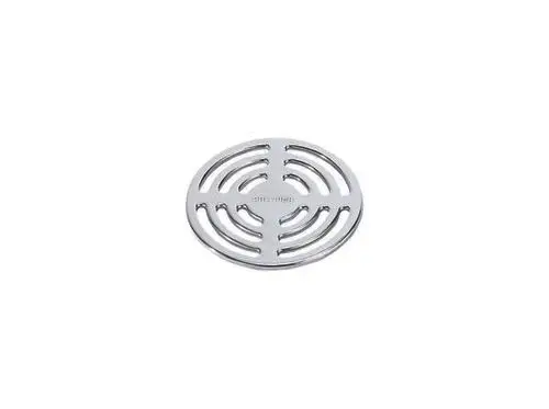 Runde Edelstahl-Abdeckung mit durchbrochendem Design, passend für Abläufe. Dallmer-Logo ist auf der Oberfläche eingeprägt.
