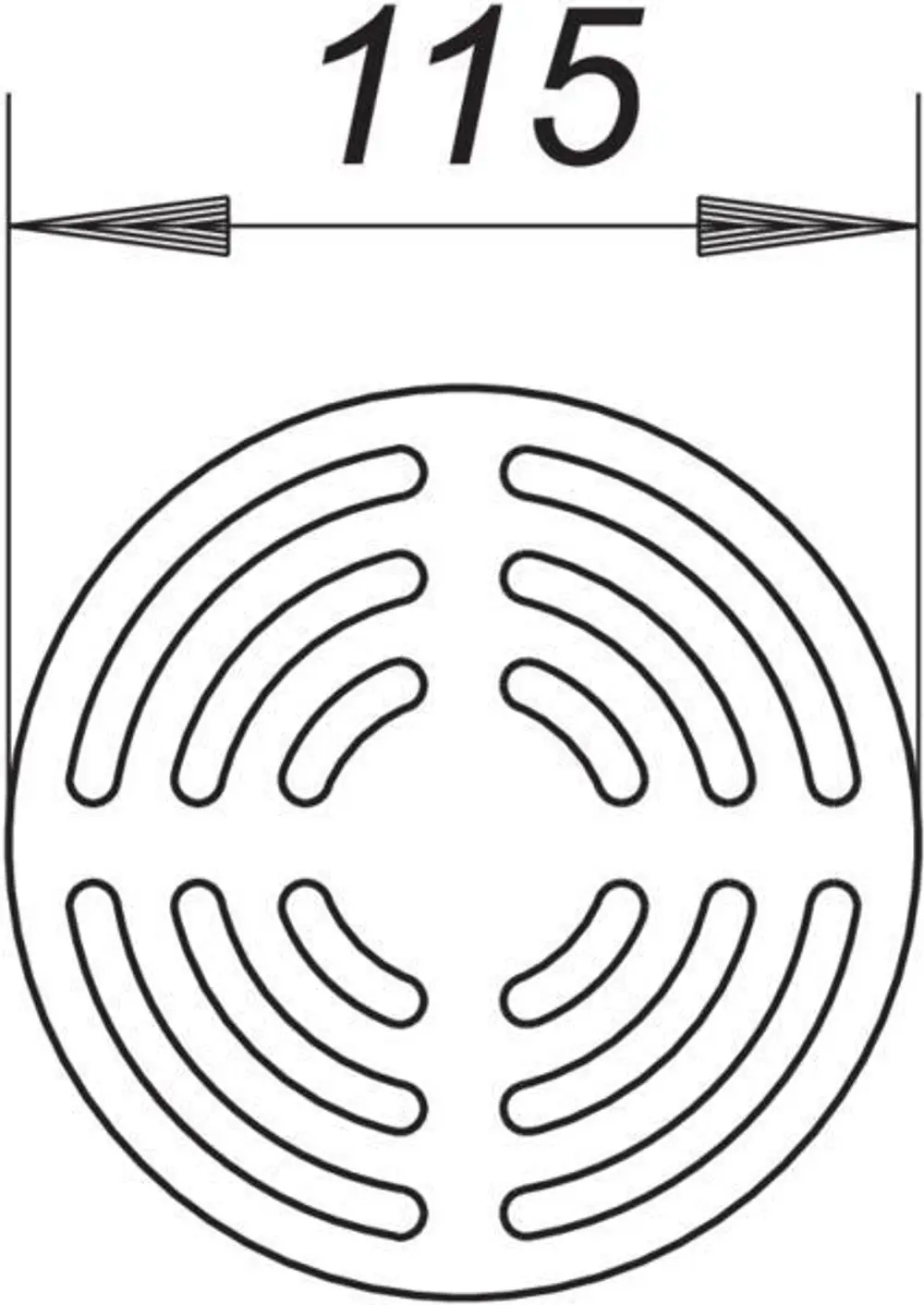 Dallmer Rost mit runder Form und geschwungenen Linien. Darstellung eines Abflussrostes mit einem Durchmesser von 115 mm, skizziert in schwarz-weißem Design.