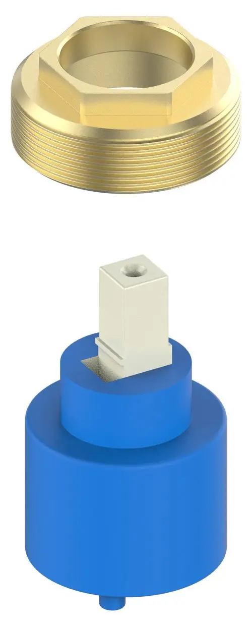 Zwei Baukomponenten von Keuco: Eine goldene, genoppte Unterlegscheibe und ein blauer Zylinder mit einem quadratischen Teil, das oben herausragt.
