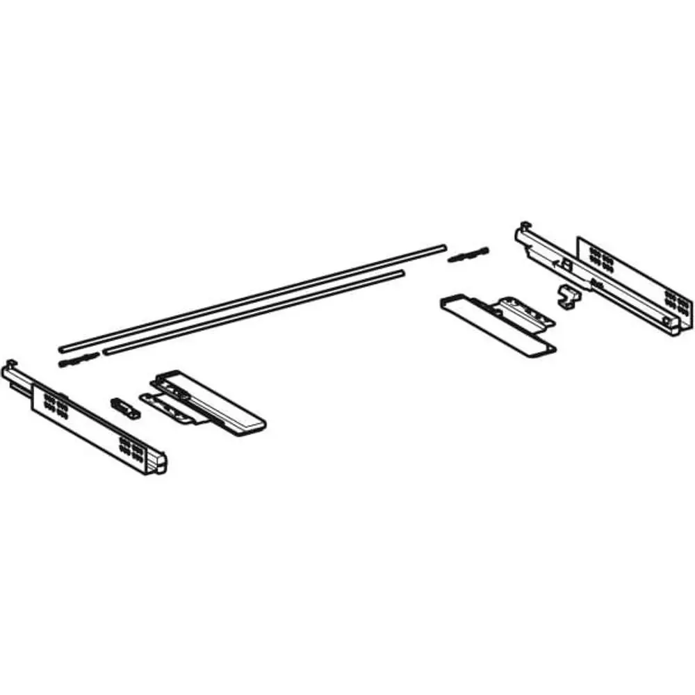 Geberit Schubladenschienen-Set, bestehend aus mehreren Einzelteilen zur Montage, einschließlich Schienen, Halterungen und Schrauben, in einem passenden Layout angeordnet.