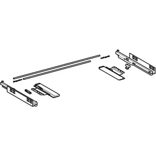 Geberit Schubladenschienen-Set, bestehend aus mehreren Einzelteilen zur Montage, einschließlich Schienen, Halterungen und Schrauben, in einem passenden Layout angeordnet.