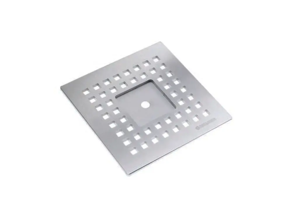 Dallmer Rost mit quadratischem Design, aus Metall gefertigt, mit durchbrochenem Muster zur Wasserableitung. Eignet sich für verschiedene Anwendungen im Bodenbereich.