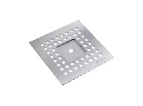 Dallmer Rost mit quadratischem Design, aus Metall gefertigt, mit durchbrochenem Muster zur Wasserableitung. Eignet sich für verschiedene Anwendungen im Bodenbereich.