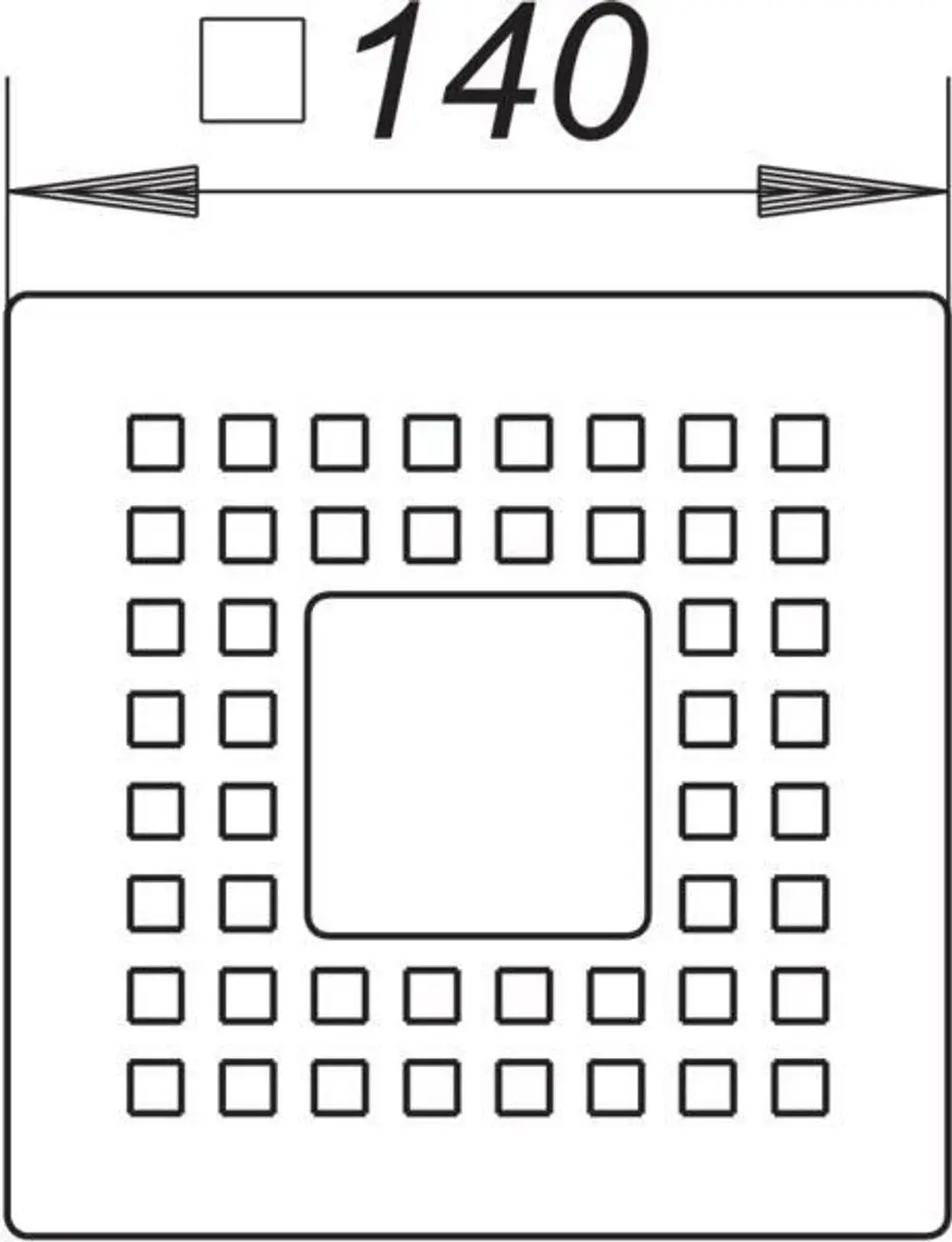 Dallmer Produkt mit quadratischem Design, enthält mehrere kleinere quadratische Öffnungen in einer angeordneten Matrix. Deutliches Maß sichtbar in der oberen Mitte.