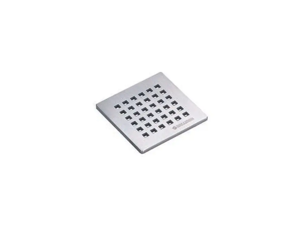 Dallmer Rost mit quadratischer Form, aus Edelstahl gefertigt, mit einem Gitterdesign in gleichmäßigen Abständen auf der Oberfläche. Geeignet für Abflussanwendungen.