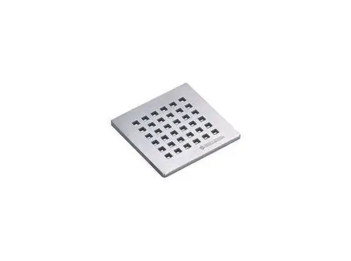 Dallmer Rost mit quadratischer Form, aus Edelstahl gefertigt, mit einem Gitterdesign in gleichmäßigen Abständen auf der Oberfläche. Geeignet für Abflussanwendungen.