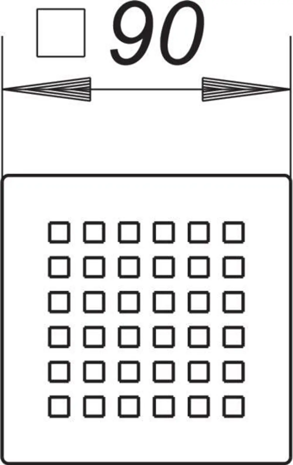 Dallmer Produkt mit einem quadratischen Design und einer 90-Grad-Abmessung, das aus einem Gitter mit kleinen quadratischen Abständen besteht, geeignet für wasserführende Anwendungen.