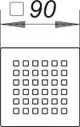 Dallmer Produkt mit einem quadratischen Design und einer 90-Grad-Abmessung, das aus einem Gitter mit kleinen quadratischen Abständen besteht, geeignet für wasserführende Anwendungen.