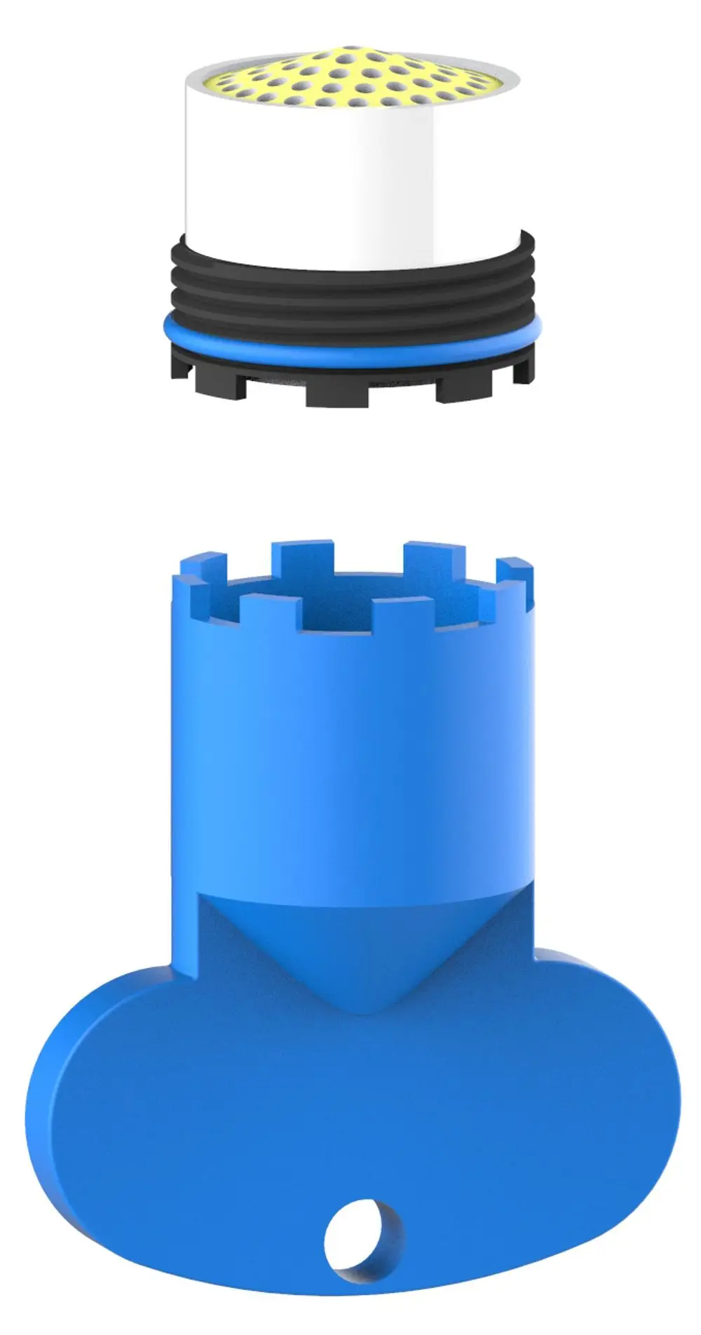 Modulares Keuco Ersatzteil, bestehend aus einem blauen Körper mit einer runden Öffnung und einem abnehmbaren weißen Kopf mit gelber Perforation.