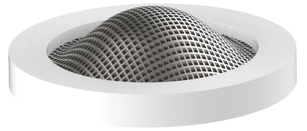 Keuco V-Filter mit einem gewölbten, gelochten Design, angeordnet in einer runden, weißen Halterung. Ideal zum Einsatz in Armaturen.