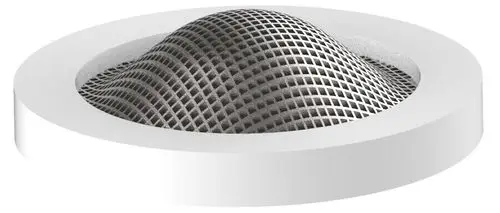Keuco V-Filter mit einem gewölbten, gelochten Design, angeordnet in einer runden, weißen Halterung. Ideal zum Einsatz in Armaturen.