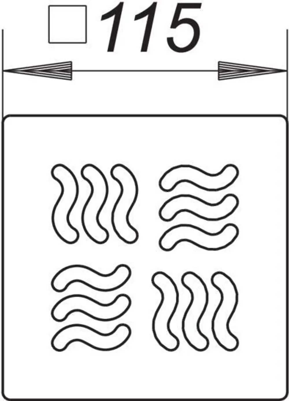 Dallmer Produkt, schematische Darstellung eines Rostelements mit wellenförmigem Muster, angeordnet in vier Gruppen, mit Dimensionen und Richtungspfeilen oben.