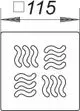 Dallmer Produkt, schematische Darstellung eines Rostelements mit wellenförmigem Muster, angeordnet in vier Gruppen, mit Dimensionen und Richtungspfeilen oben.