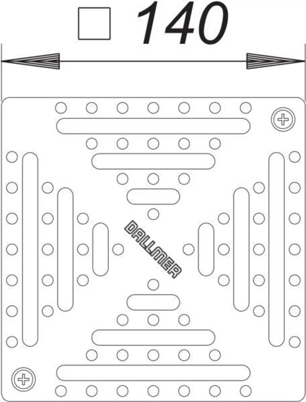 Dallmer Rost mit rutschfester Oberfläche, quadratisch mit verschiedenen Vertiefungen und Löchern zur praktischen Montage. Design zeigt eine symmetrische Anordnung.