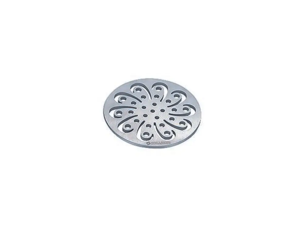 Dallmer Abdeckung aus Metall mit dekorativem Muster und mehreren Löchern zur Wasserdurchlässigkeit. Runde Form mit filigranem Design.