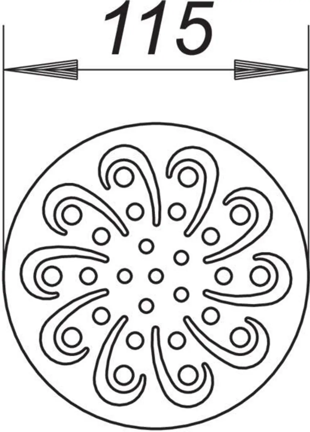 Dallmer Rost mit kreisförmigem Design, verziert mit symmetrischen, geschwungenen Mustern und kleinen Punkten in der Mitte, abgebildet auf weißem Hintergrund.
