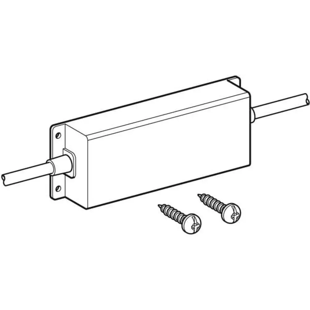 Netzteil mit einer rechteckigen Form und zwei Anschlusskabeln, inklusive zwei Schrauben. Produkt könnte für Geberit ONE Spiegelschrank verwendet werden.