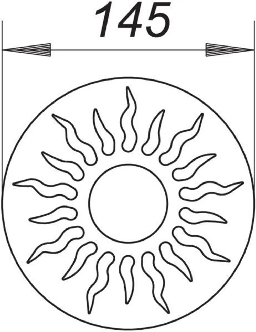 Dallmer Rost mit einem kreisförmigen Design und stilisierten Sonnenstrahlen, dargestellt in einer Schwarz-Weiß-Skizze. Durchmesser von 145 mm.