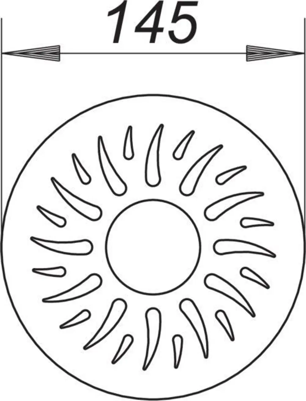 Dallmer Rost mit einem kreisförmigen Design und mehreren zungenförmigen Aussparungen. Der Durchmesser ist visuell als 145 mm erkennbar.