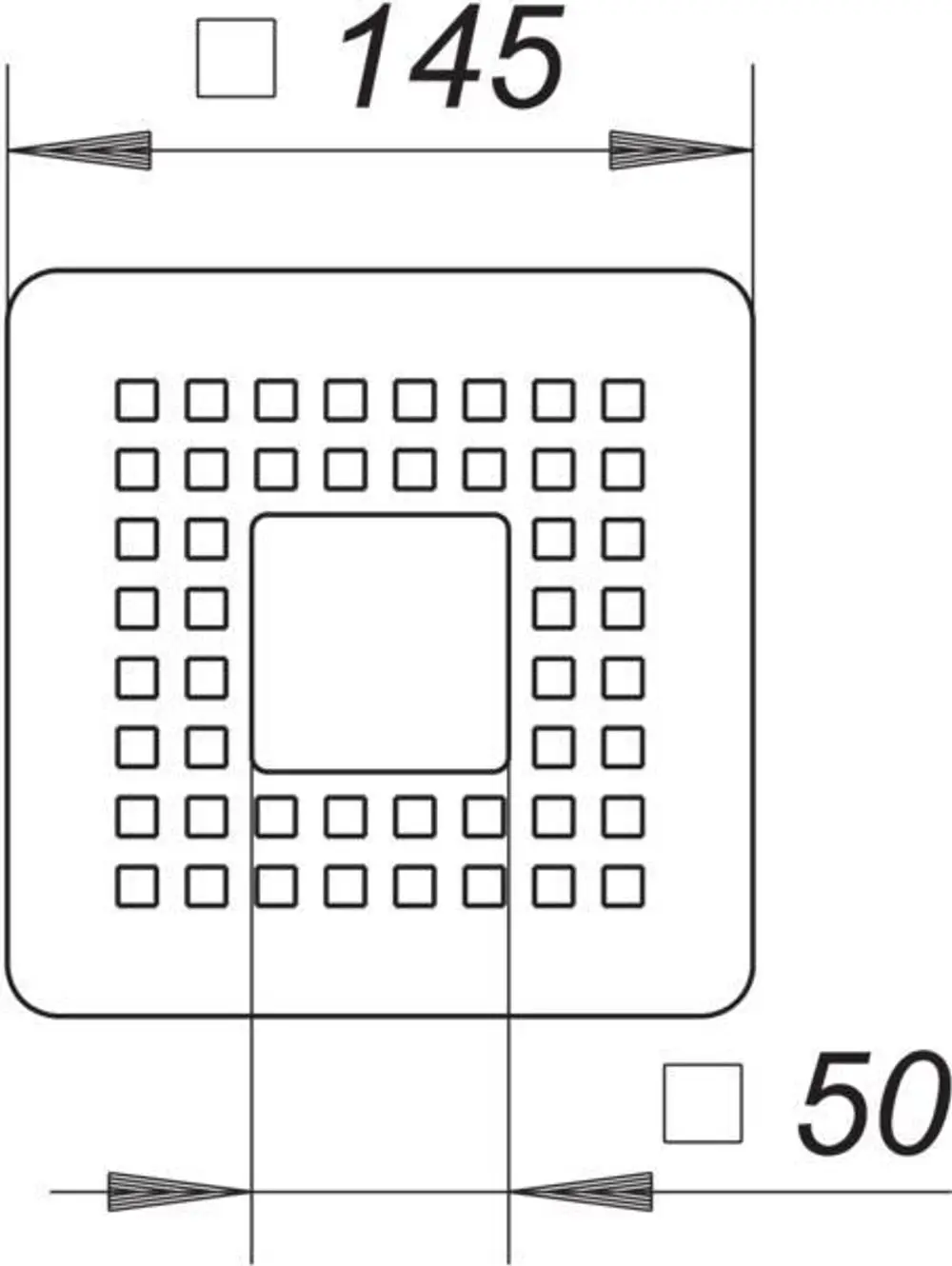 Dallmer Rost mit quadratischer Form, 145 mm x 145 mm, zeigt ein Rasterdesign mit integrierten Ablaufrinnen und marked bei 50 mm in der horizontalen Maßangabe.