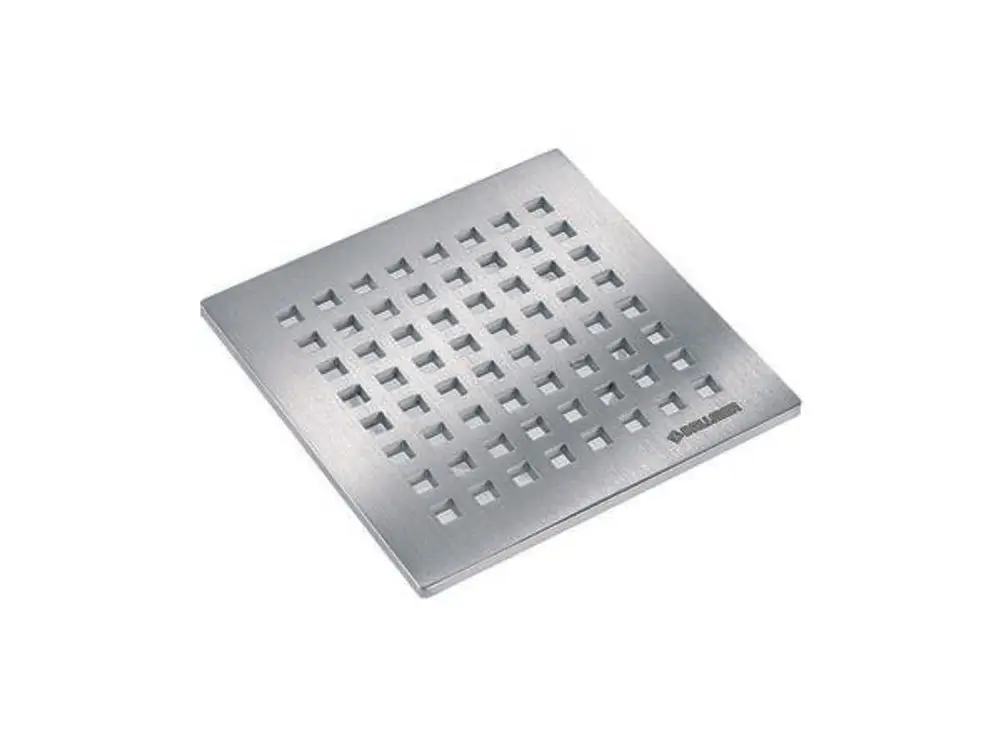 Edelstahlrack mit quadratischem Gitterdesign von Dallmer, geeignet für Wasserablauf, in einer flachen, quadratischen Form mit Öffnungen zur Abläufe.