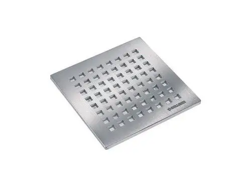 Edelstahlrack mit quadratischem Gitterdesign von Dallmer, geeignet für Wasserablauf, in einer flachen, quadratischen Form mit Öffnungen zur Abläufe.