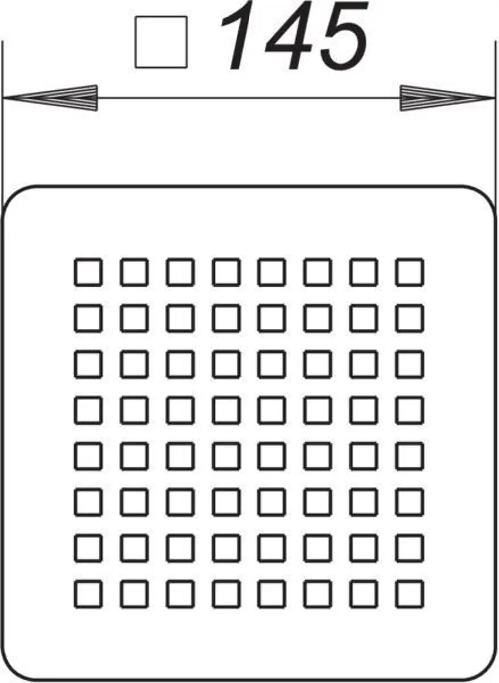 Dallmer-Rost mit quadratischem Gittermuster, dargestellt in einem schematischen Design mit den Abmessungen 145 x 145 mm.