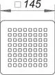 Dallmer-Rost mit quadratischem Gittermuster, dargestellt in einem schematischen Design mit den Abmessungen 145 x 145 mm.
