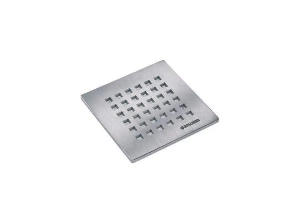 Edelstahl-Rost mit quadratischen Öffnungen, hergestellt von Dallmer. Das Design ermöglicht eine effiziente Wasserableitung in Dusche oder Bodenablauf.