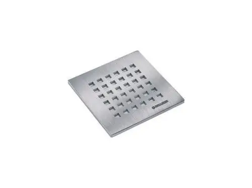 Edelstahl-Rost mit quadratischen Öffnungen, hergestellt von Dallmer. Das Design ermöglicht eine effiziente Wasserableitung in Dusche oder Bodenablauf.